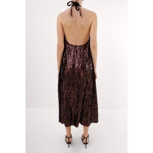 ZARA Chocolate Brown Sequin Halter Maxi Dress Festive Party Sequinned Small