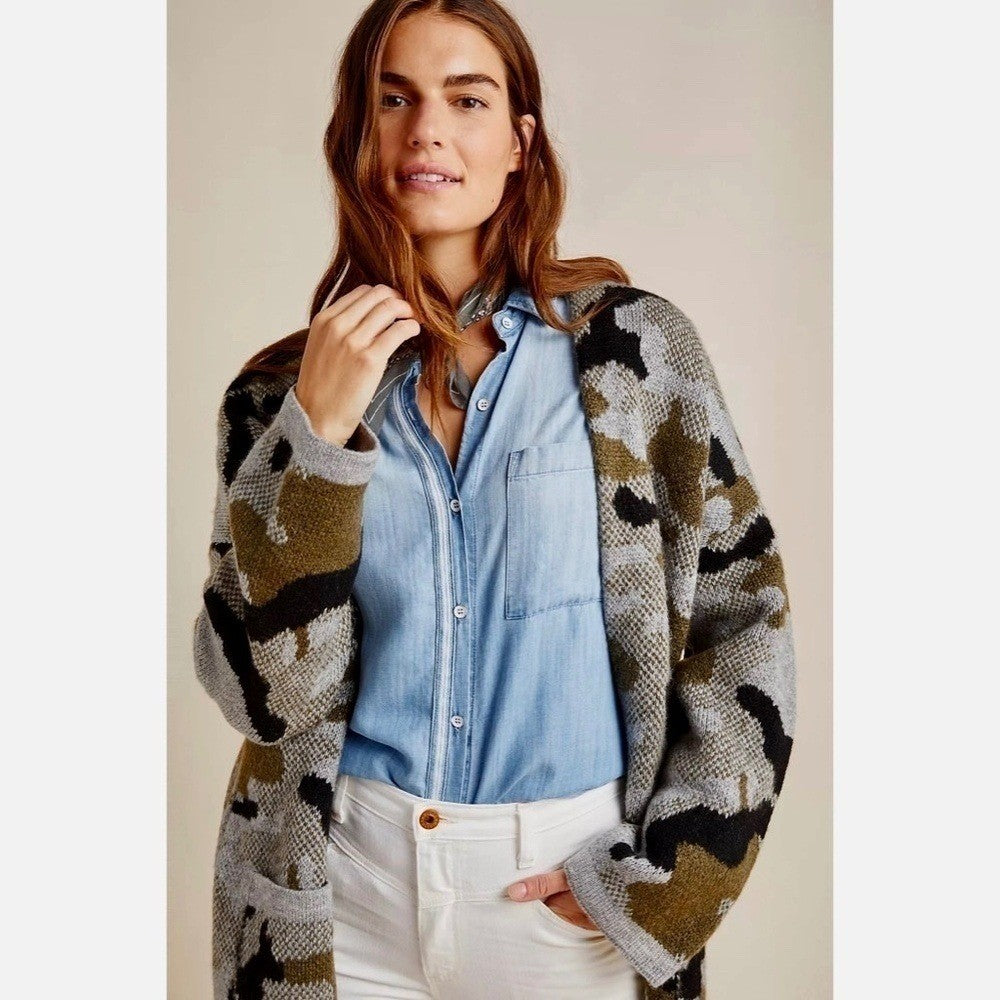 ANTHROPOLOGIE Vero Camo Cardigan Sweater Camouflage Pockets Gorpcore X-Small