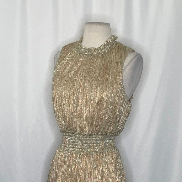 DRAPER JAMES Gold Metallic Smocked Sleeveless Dress Party Holidays Medium