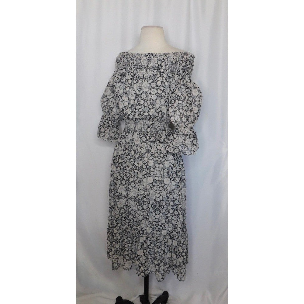 MISA Los Angeles Floral Smocked Midi Dress Black Gray Pink Off Shoulder X-Small