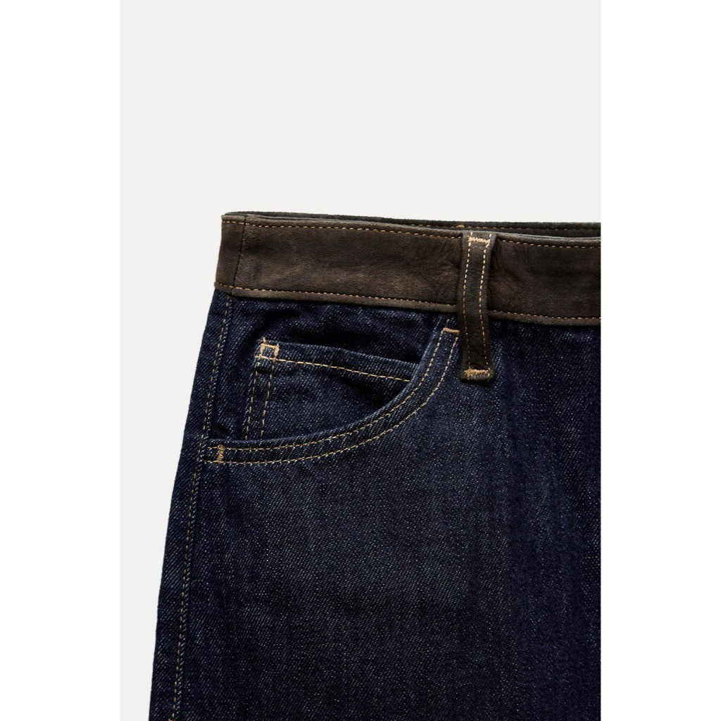 ZARA ZW Collection Denim Midi Skirt Contrast Suede Waistline Blue Pockets Small