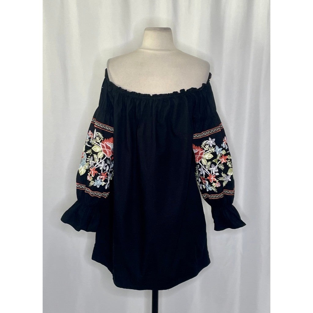 FREE PEOPLE Fleur Du Jour Mini Dress Black Floral Embroidered Off Shoulder Small
