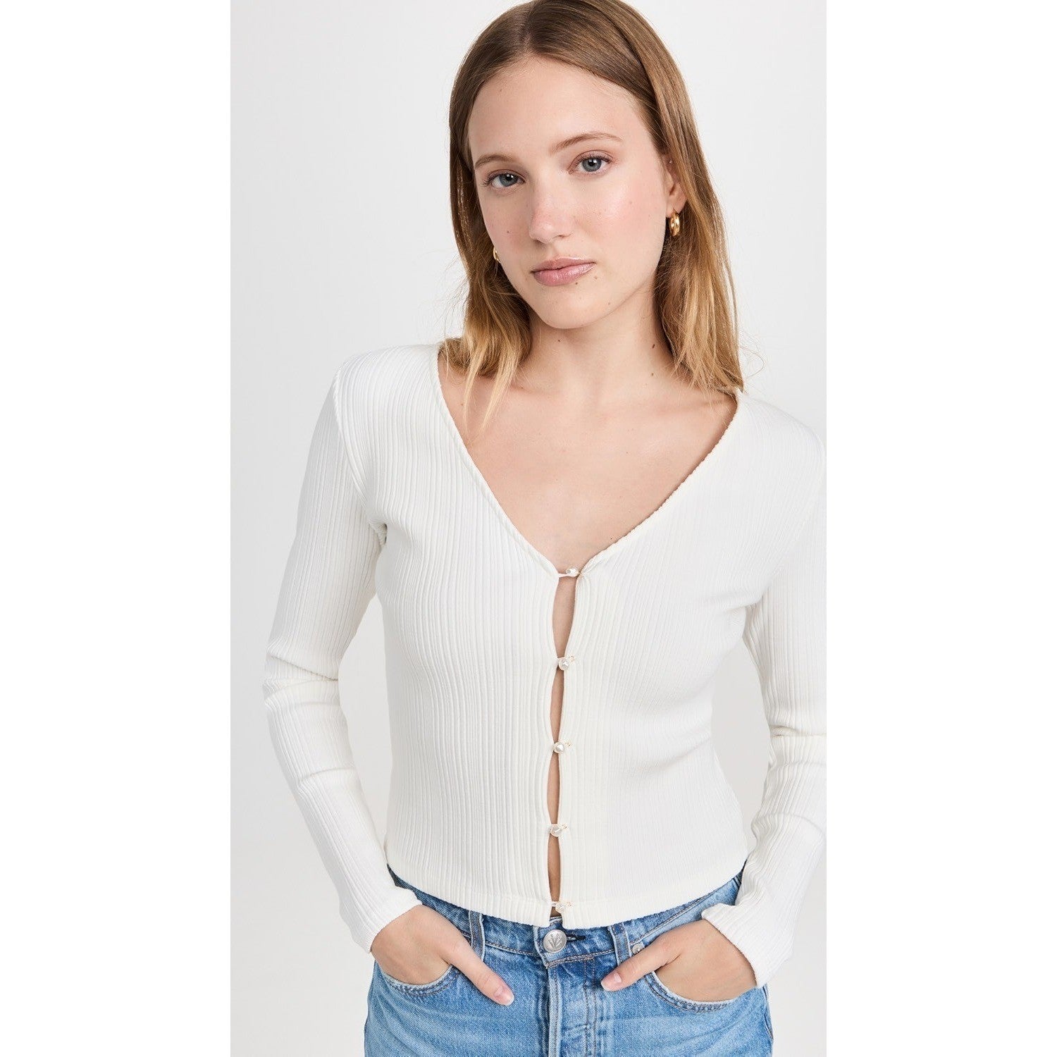 VINCE Pearl Button Cardigan Sweater Off White Ribbed Cropped V Neck X-Large