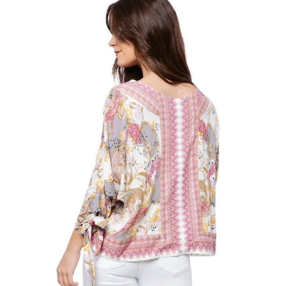 FREE PEOPLE Catch Me If You Can Top Blouse Boho Floral Tie Sleeves Pink Small
