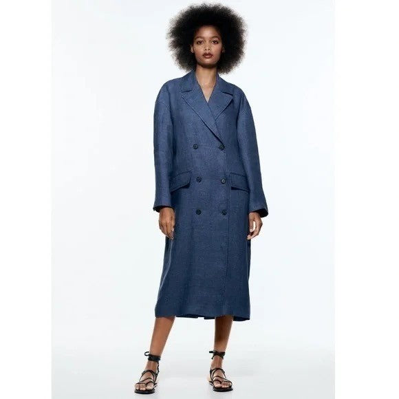 ZARA Limited Edition Linen Coat Buttons Pockets Double Breasted Blue X-Small