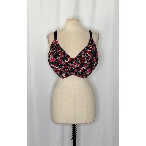 TORRID Curve Dream Tattoo Valentine Floral Hearts Black Wire-Free Bra Size 40H