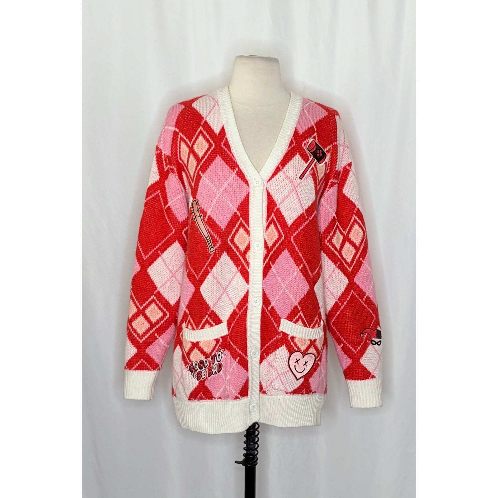HARLEY QUINN Argyle Cardigan Sweater DC Comics Harlequin Batman Joker Small