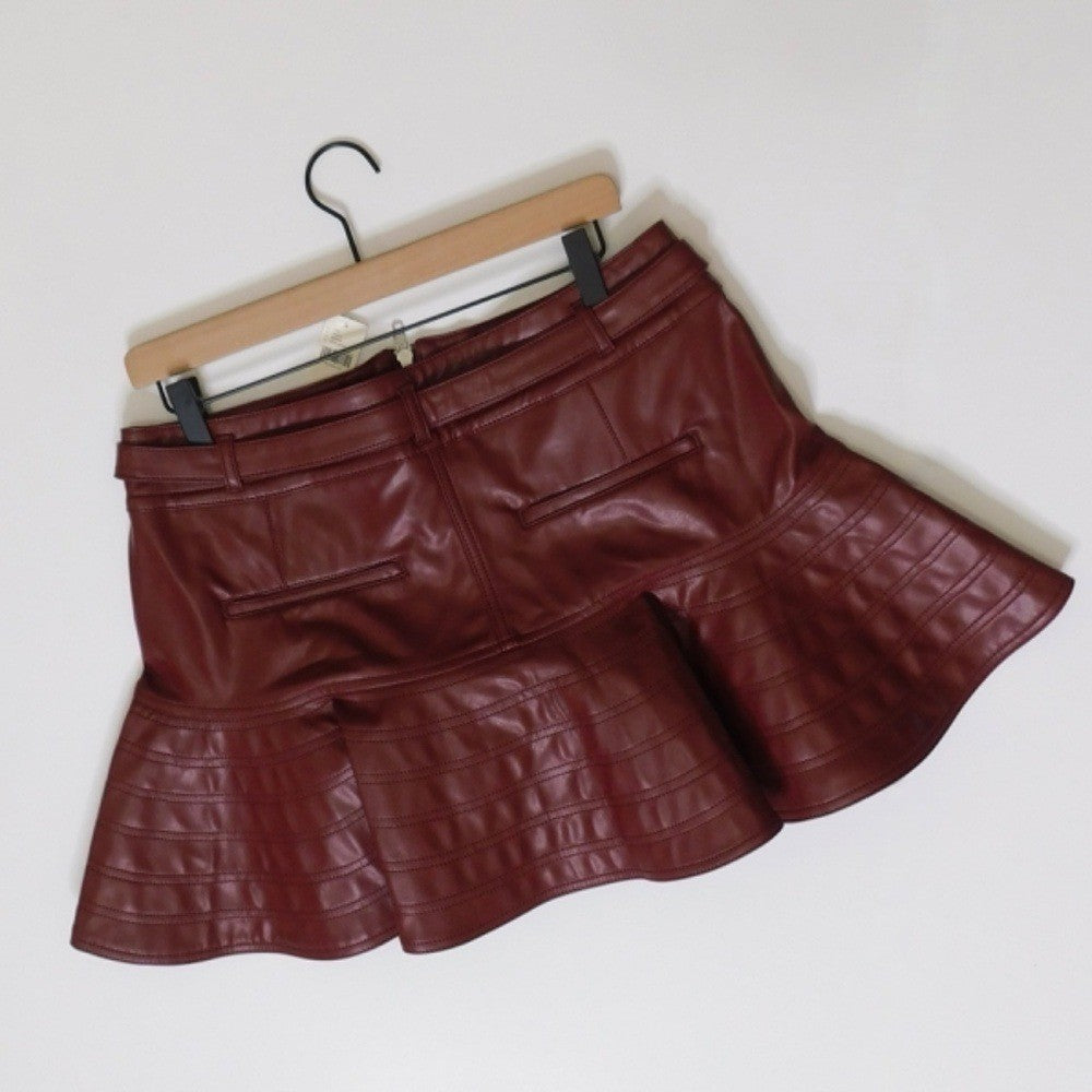 NWT!! Anthropologie PILCRO Fit-and-Flare Faux Leather Mini Skirt Wine Moto 12