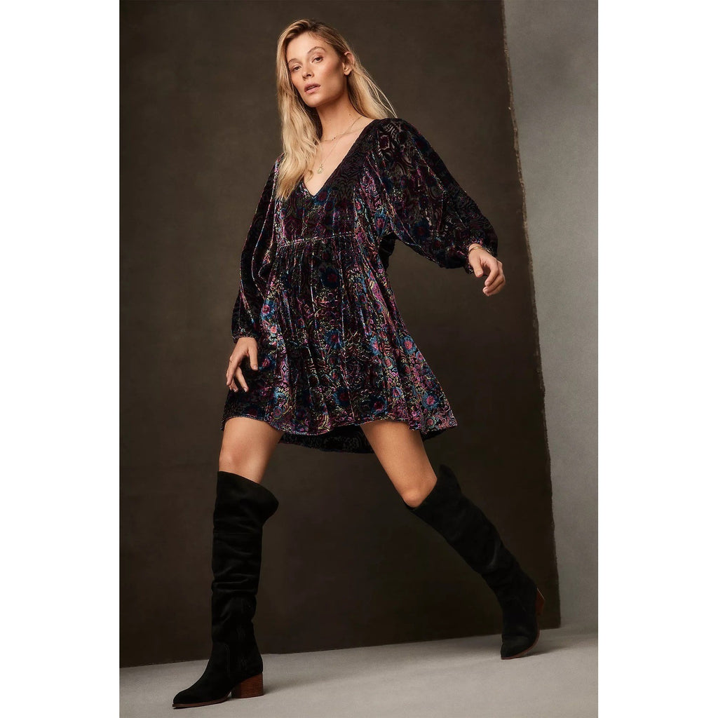 By ANTHROPOLOGIE Mona Floral Burnout Velvet Mini Dress Pockets Party Large