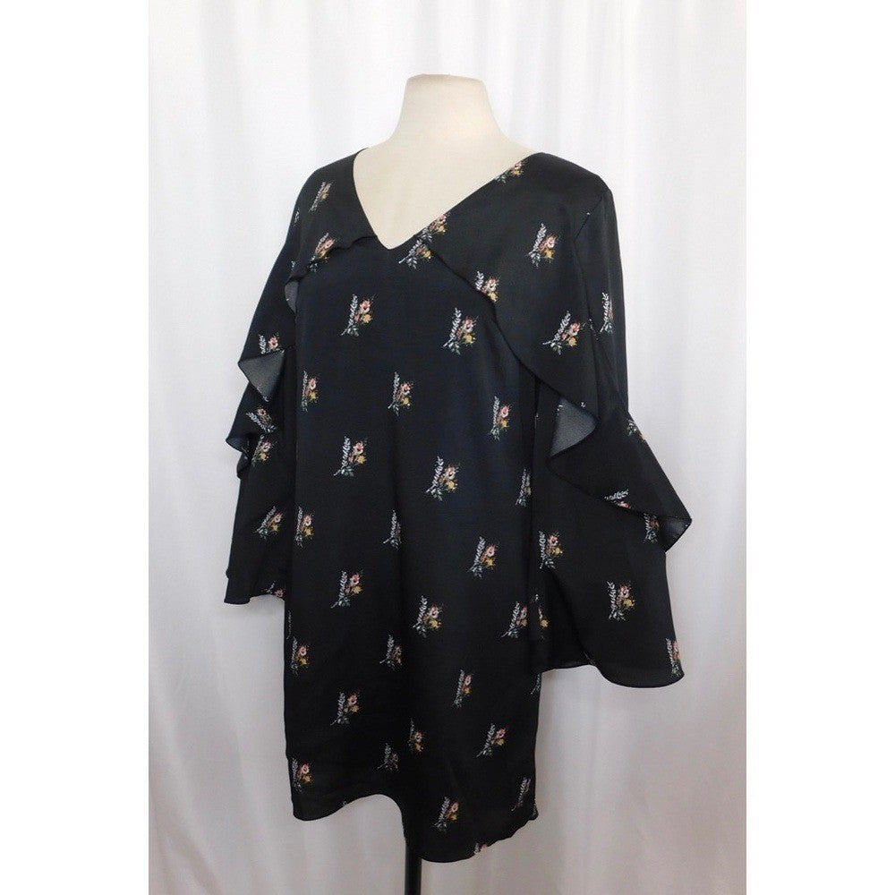 KOBI HALPERIN Ayana Ruffle Sleeve Black Floral Dress Cape Shift Dress Medium