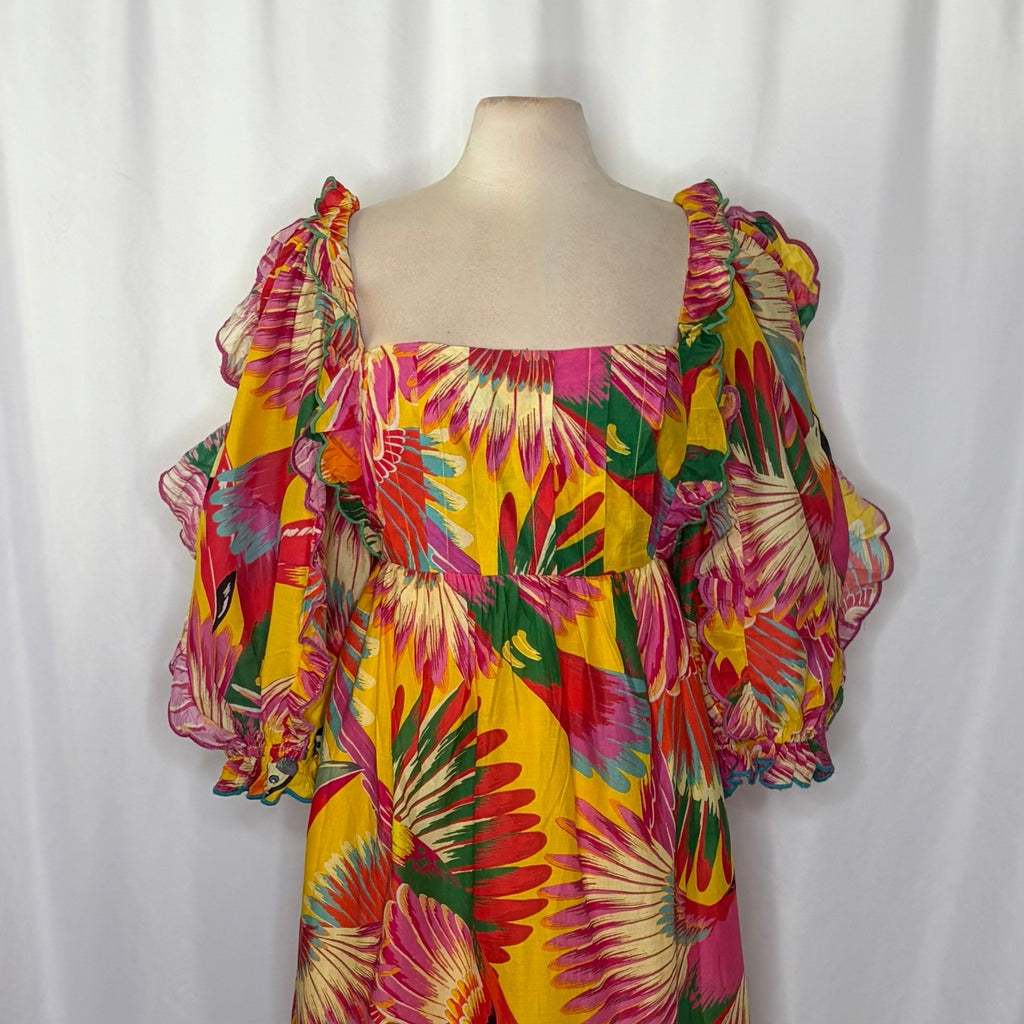 FARM RIO Colorful Toucans Scallops Midi Dress Birds Vacation Embroidered X-Large
