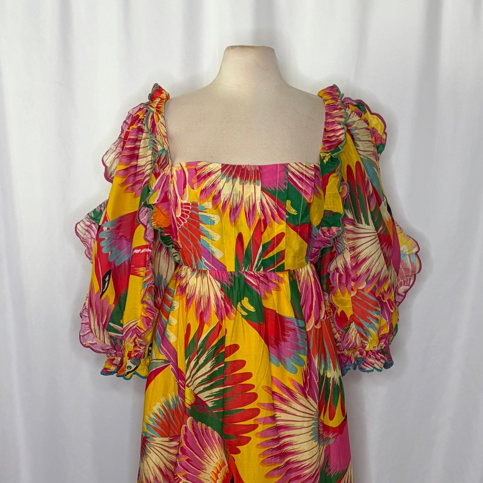FARM RIO Colorful Toucans Scallops Midi Dress Birds Vacation Embroidered X-Large