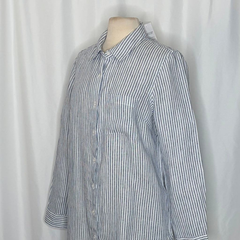 NWT!! COLDWATER CREEK Cross Dyed Striped Linen Tunic Topper Blue White Medium