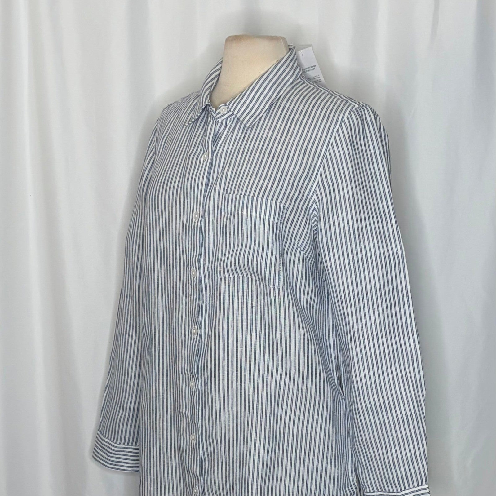 NWT!! COLDWATER CREEK Cross Dyed Striped Linen Tunic Topper Blue White Medium