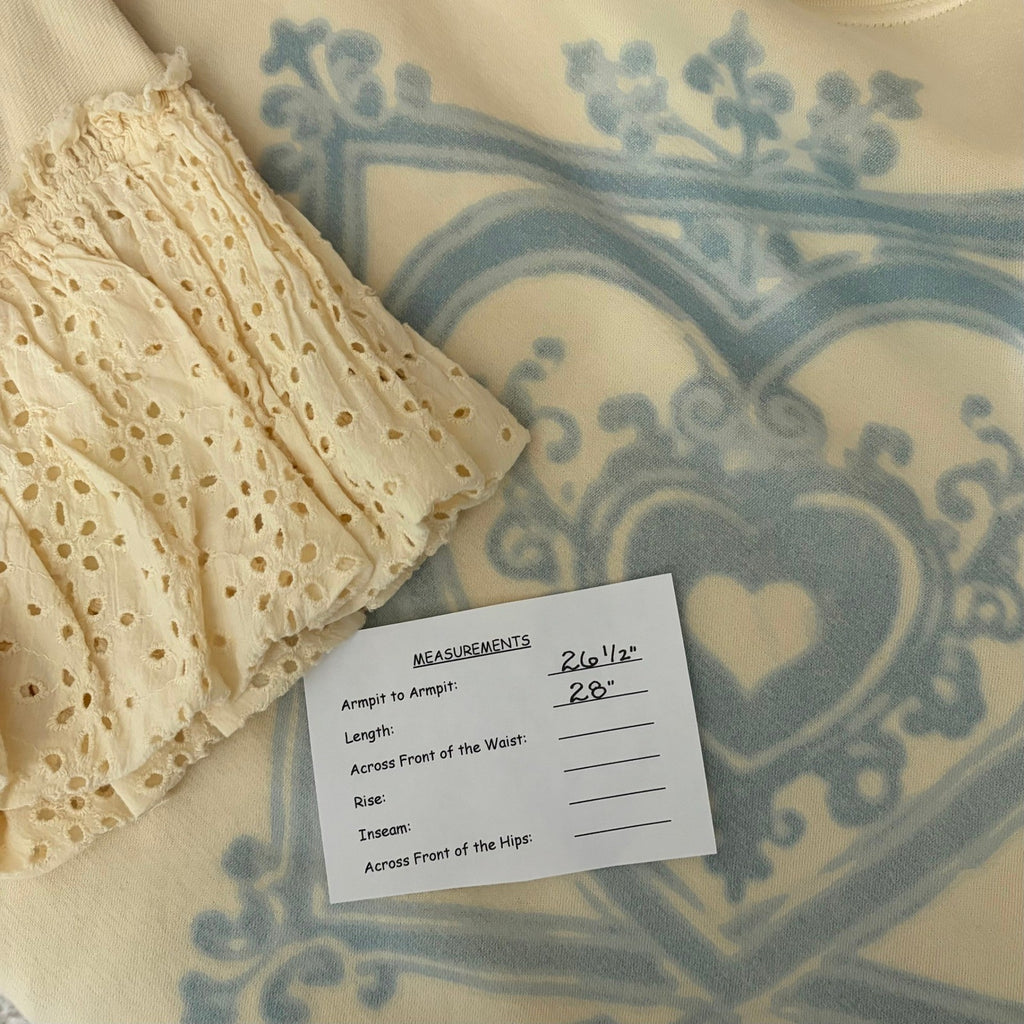 NWT!! FREE PEOPLE Doily Sweatshirt Heart Ivory Blue Eyelet Lace Bohemian Small
