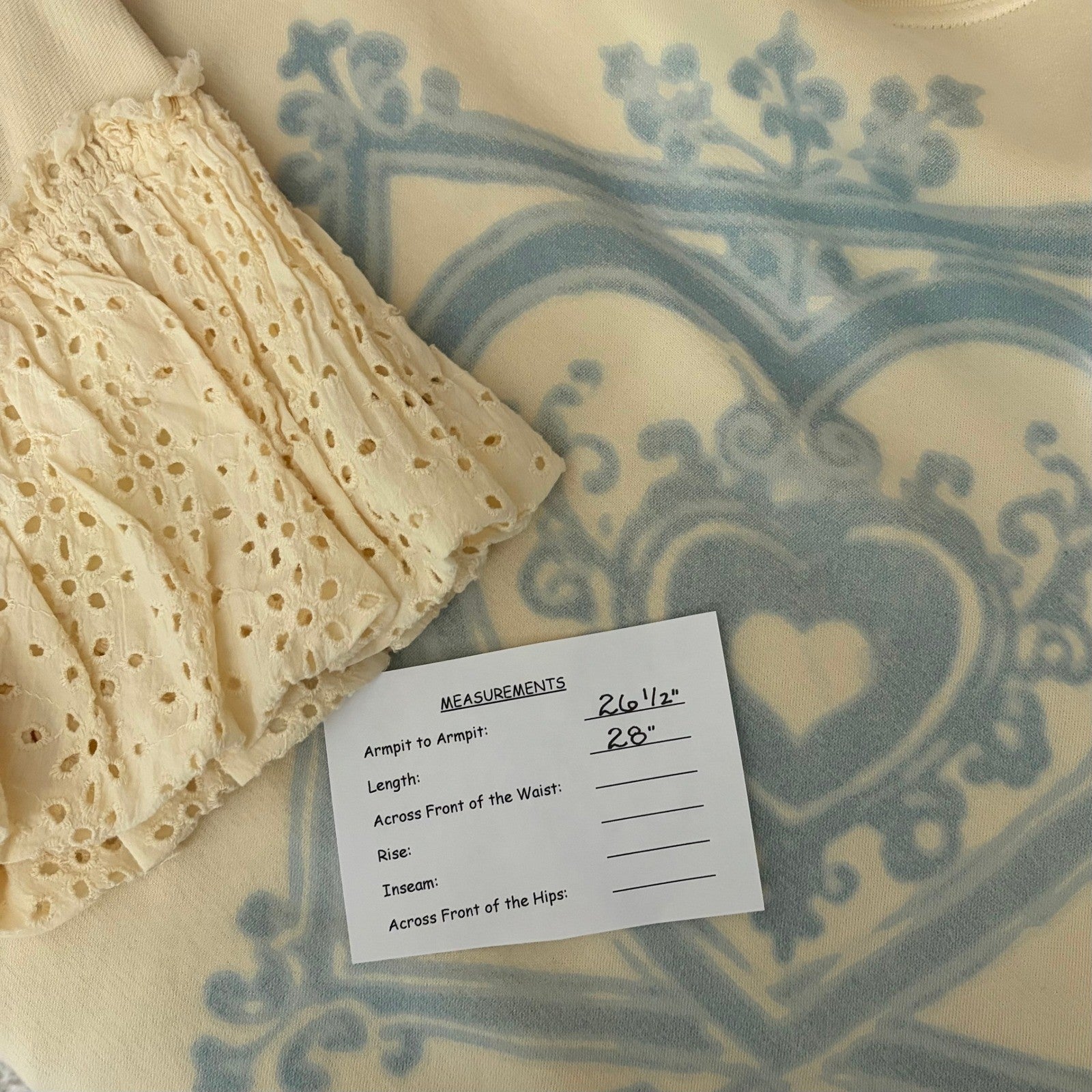 NWT!! FREE PEOPLE Doily Sweatshirt Heart Ivory Blue Eyelet Lace Bohemian Small