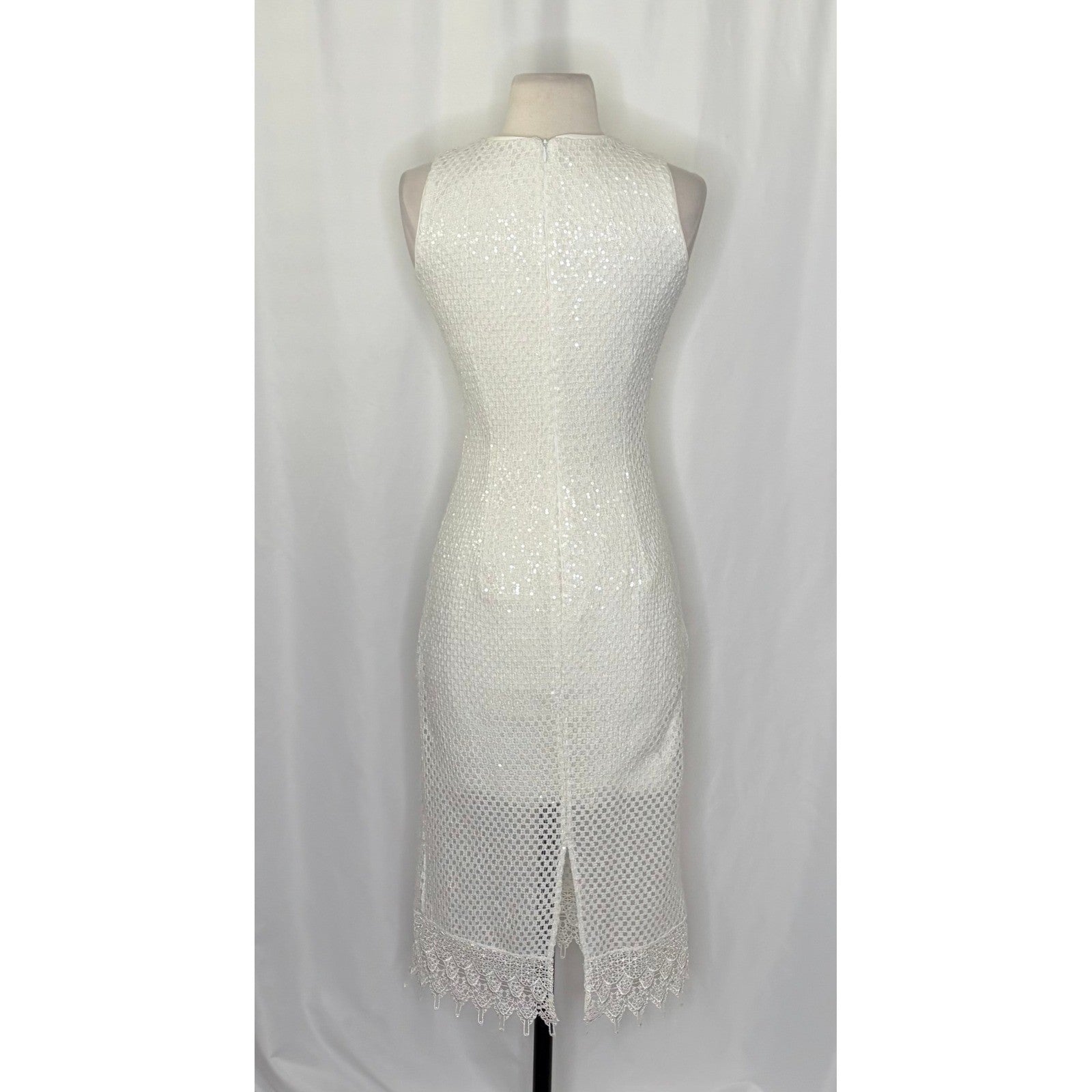 DRESS THE POPULATION Alina Sequin Crochet Lace Midi Dress Bridal White Small