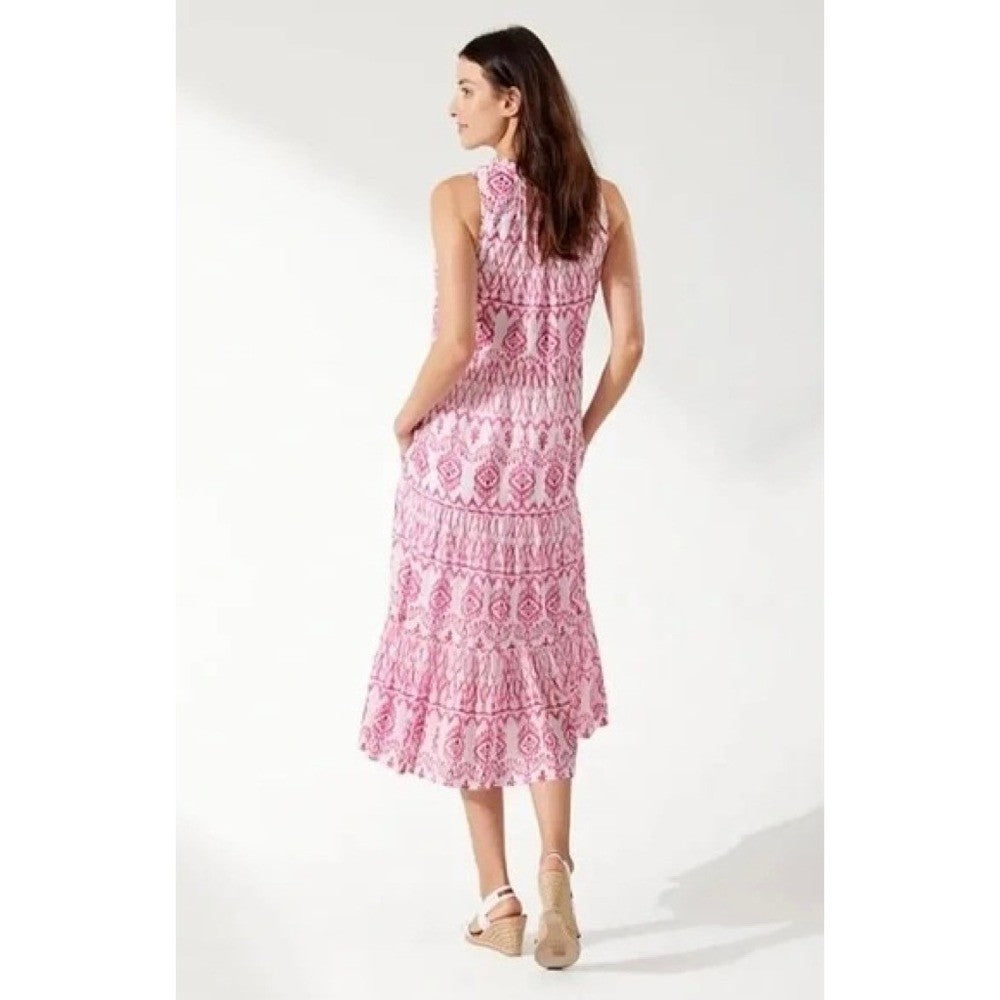 TOMMY BAHAMA Ikat Tropics Passion Pink White Midi Dress Cotton Voile Small