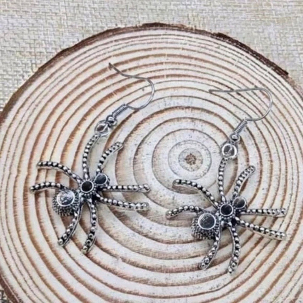 Gothic Spider Silver Tone Dangle Earrings Drop Halloween Witch Spooky Scary