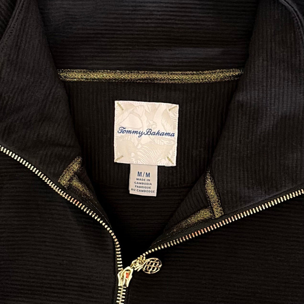 TOMMY BAHAMA Black Ribbed Knit Full Zip Jacket Gold Pineapple Hardware Medium
