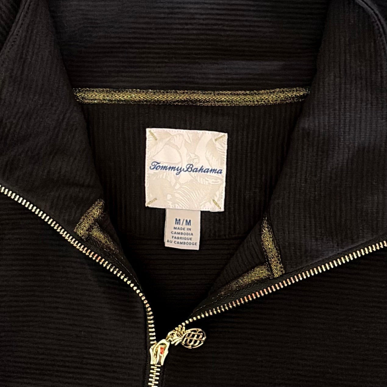 TOMMY BAHAMA Black Ribbed Knit Full Zip Jacket Gold Pineapple Hardware Medium