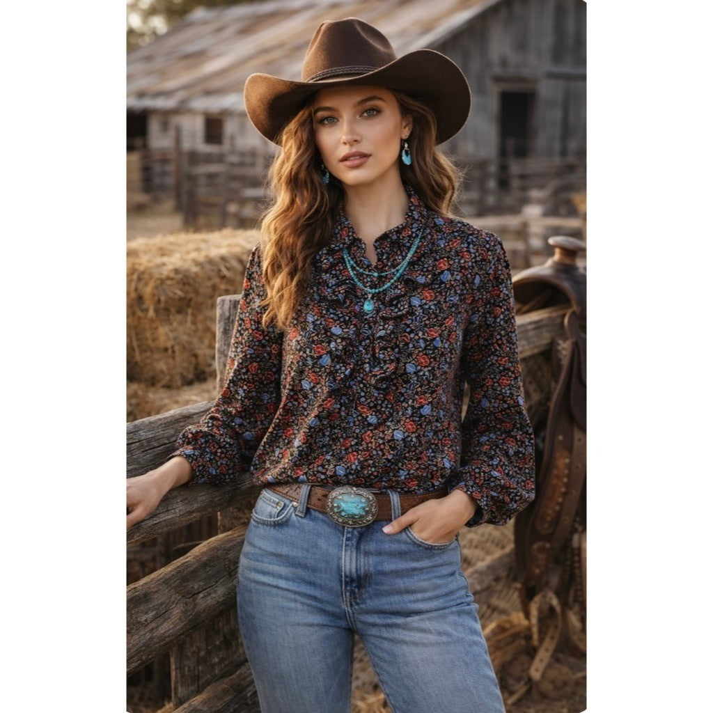 FREE PEOPLE Black Floral Ruffled Poet Top Blouse Buttondown Bohemian Medium