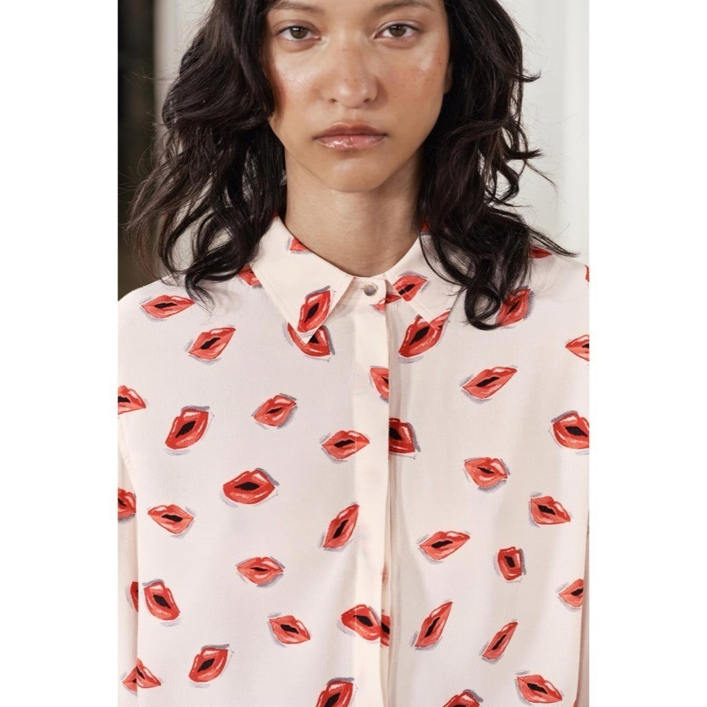 ZARA ZW Collection White Pink Lips Print Buttondown Top Blouse Lipstick X-Large
