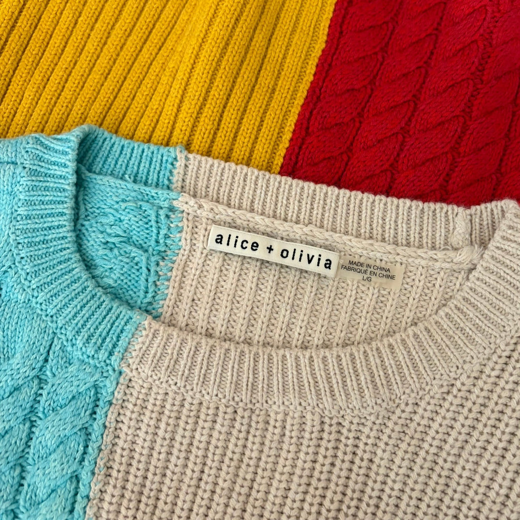 ALICE + OLIVIA Lebell Mixed Knit Cropped Sweater Colorblock Colorful Large