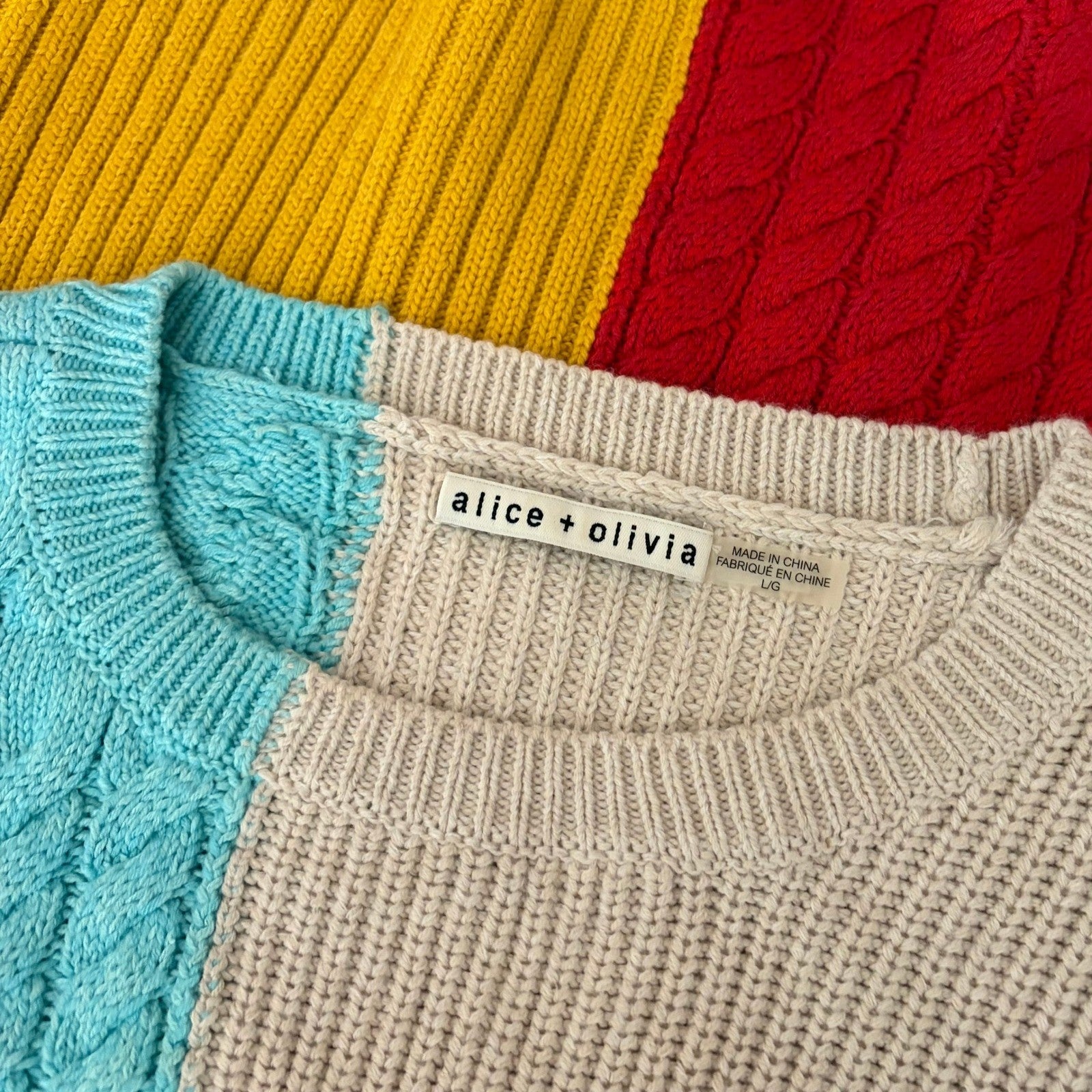 ALICE + OLIVIA Lebell Mixed Knit Cropped Sweater Colorblock Colorful Large