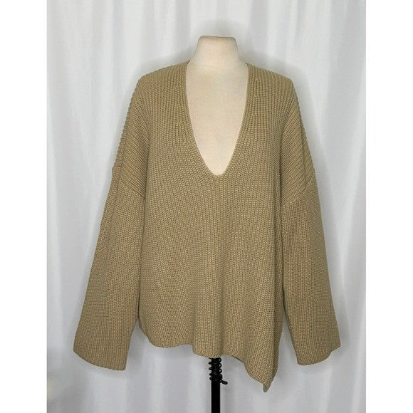 Revolve WEWOREWHAT Solid V Neck Sweater Solid Tan Oat Oversized Knitwear M/L