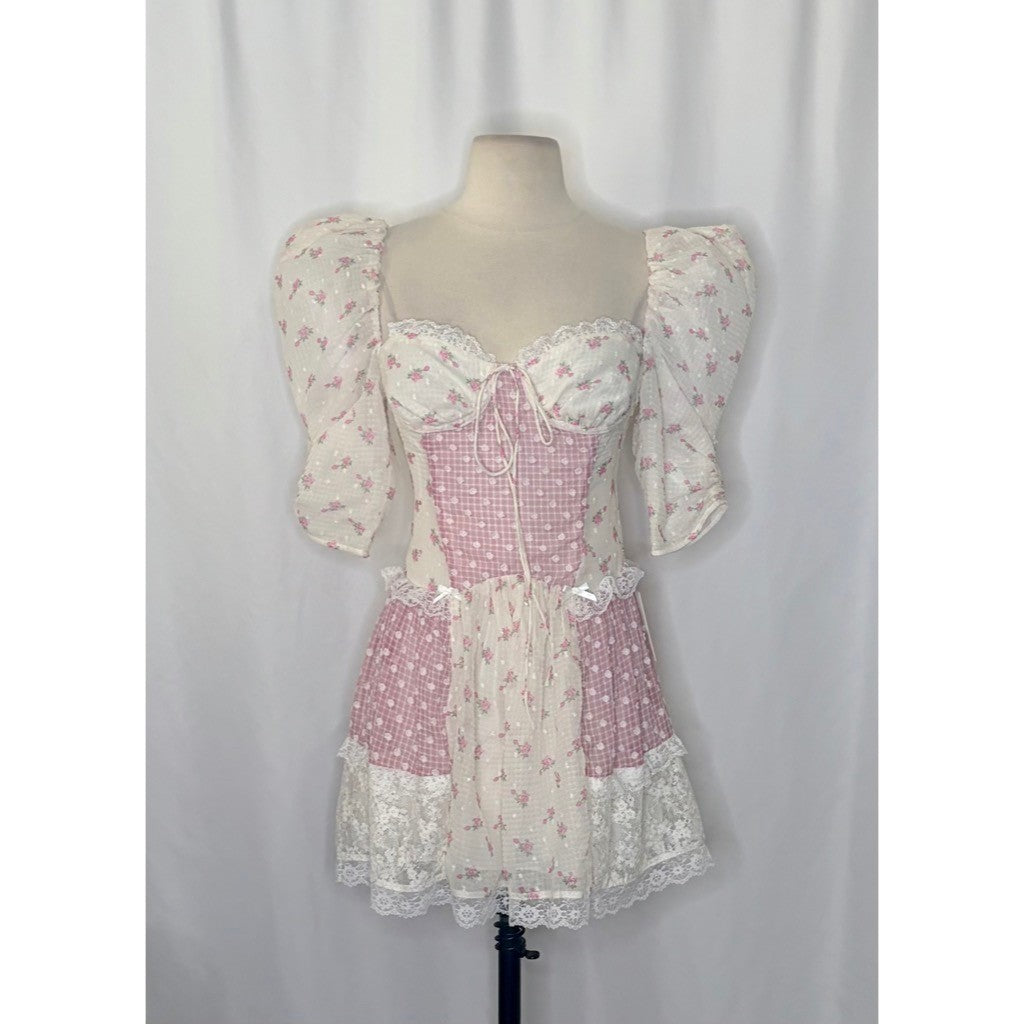 NWT!! FOR LOVE & LEMONS Francine Floral Patchwork Mini Dress Lace Coquette XS