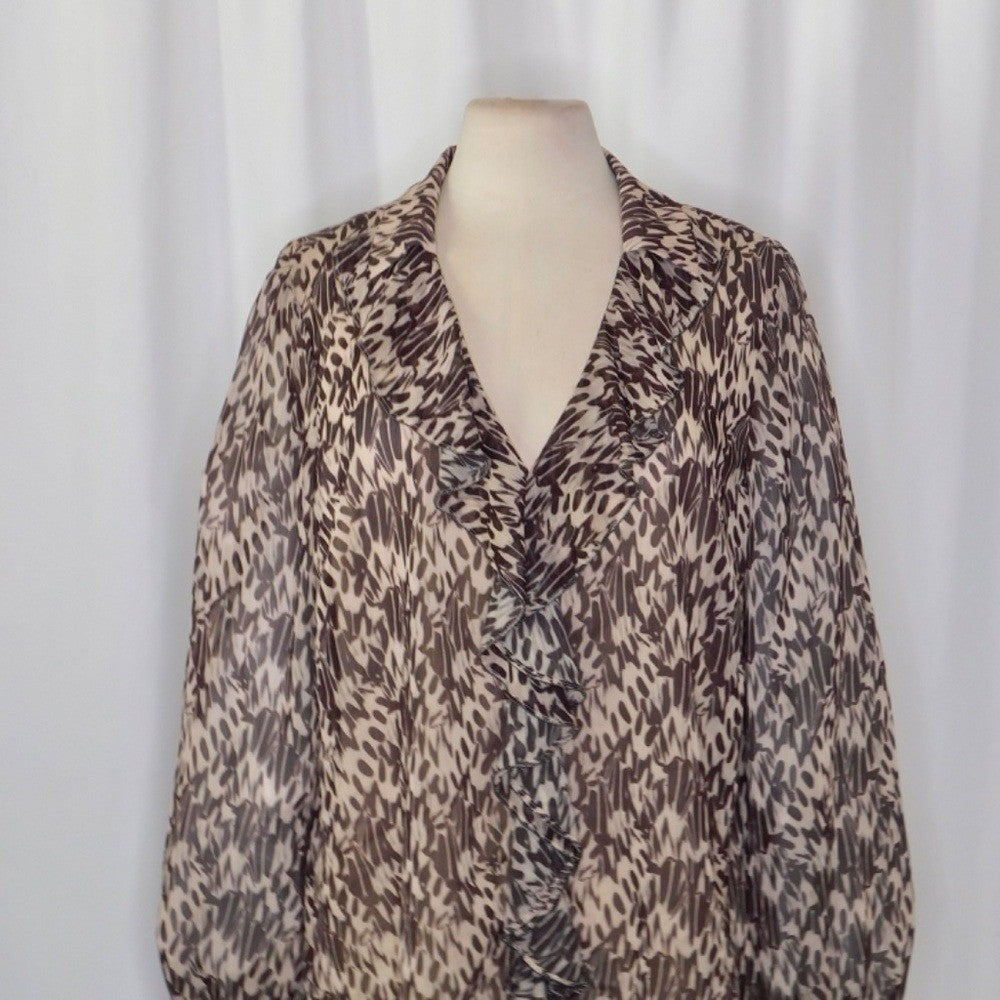 TED BAKER Bertei V Neck Ruffle Blouse Top Brown Abstract Chic Size 6 / US 14