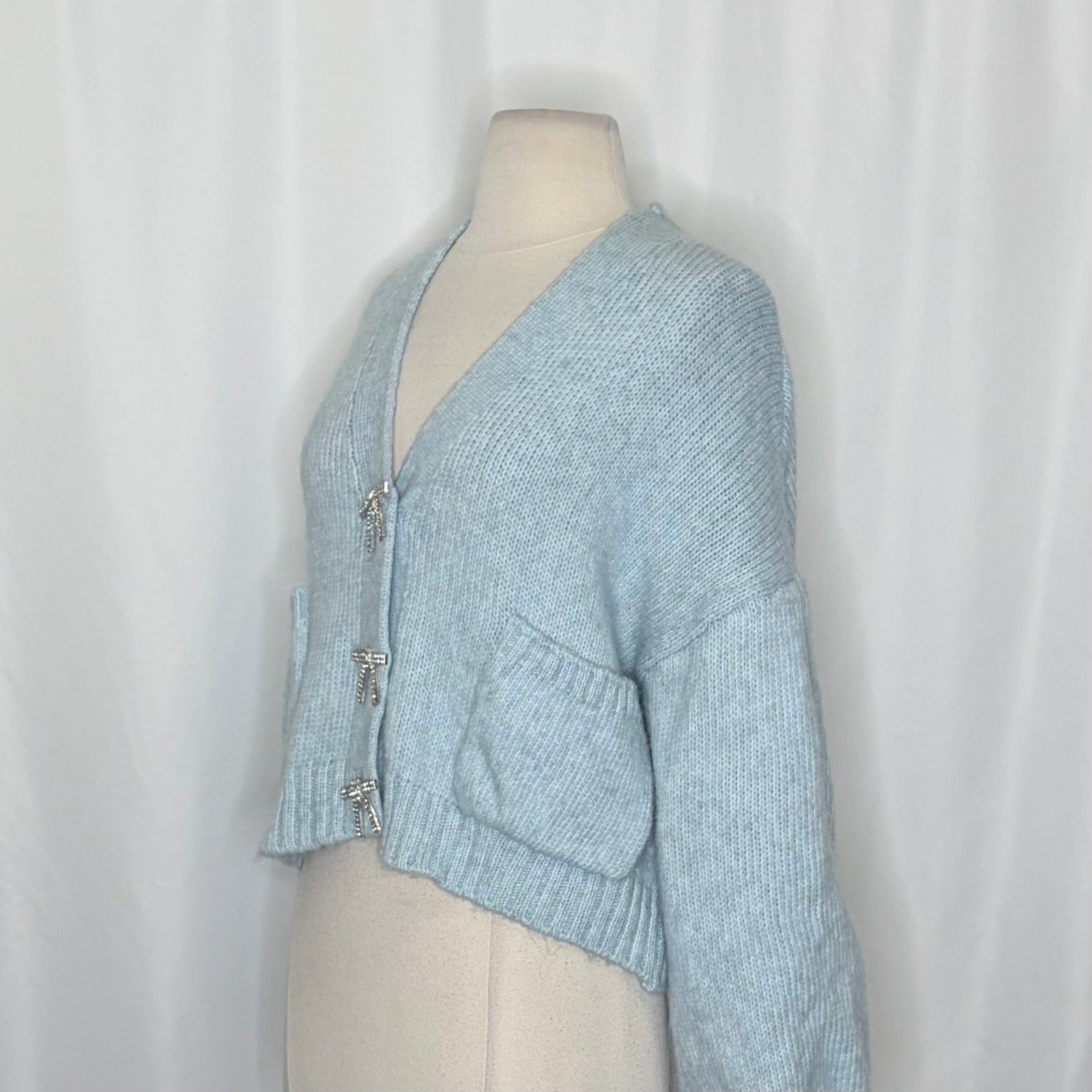 ZARA Jewel Bow Cardigan Sweater Baby Blue Coquette Blogger Favorite Preppy Small