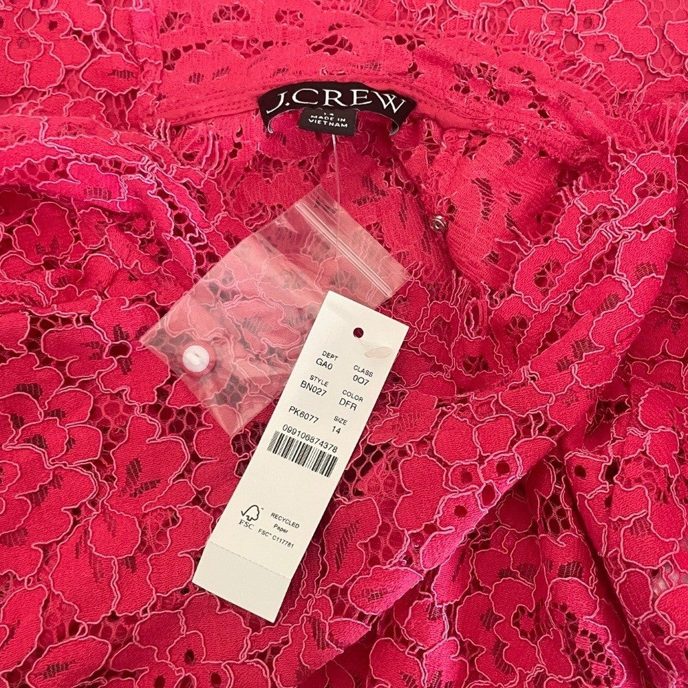 NWT!! J. CREW Scalloped Lace Mockneck Top Blouse Dragon Fruit Pink Size 14