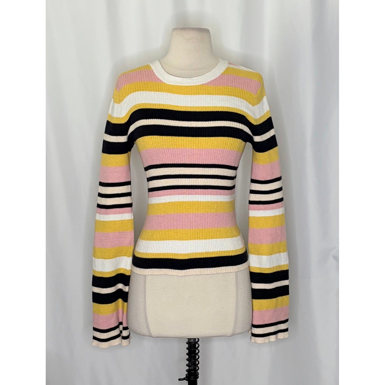 FRAME Denim Baja Citrine Stripe Sweater Cashmere Ribbed Knit Flare Sleeves Small