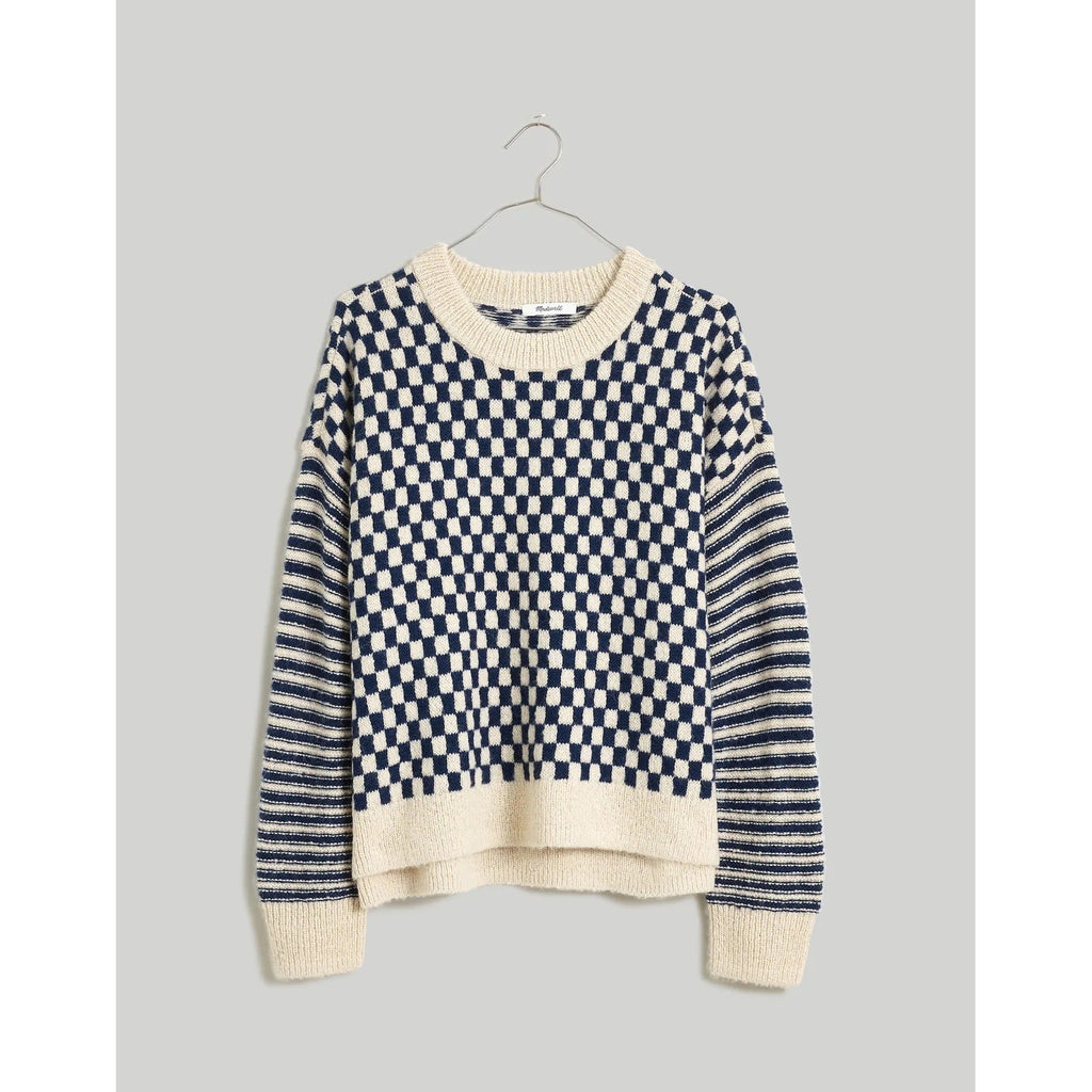 MADEWELL Crewneck Sweater Checked Stripe Classic Indigo Blue Ivory Knit Medium