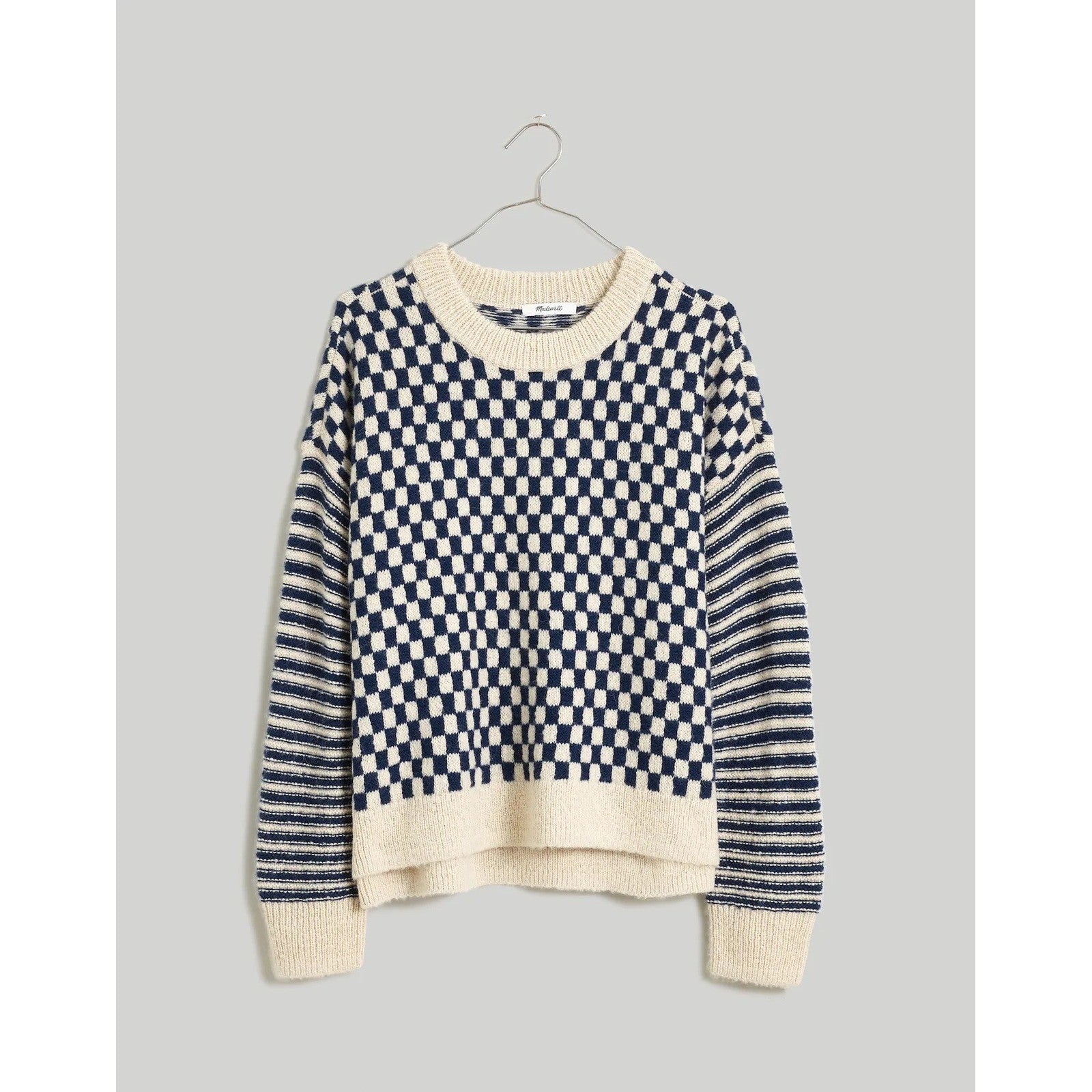 MADEWELL Crewneck Sweater Checked Stripe Classic Indigo Blue Ivory Knit Medium