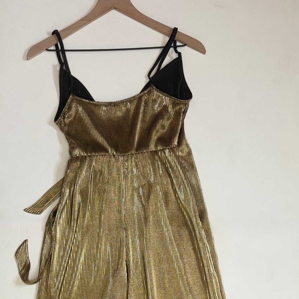 SHOW ME YOUR MUMU Jane Jumpsuit Gold Metallic Wrap Tie Waist Party Glam Small