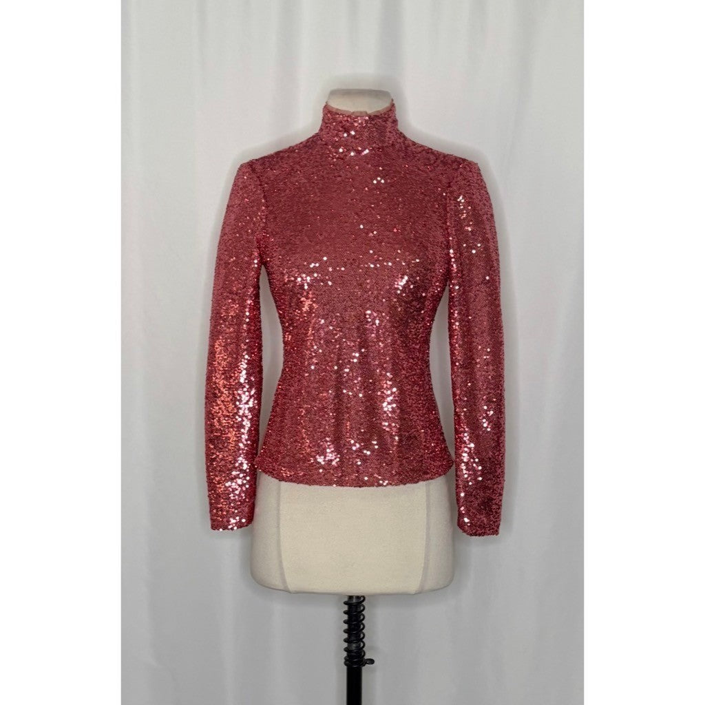 CINQ A SEPT Joan Sequin Top Blouse Rosewood Pink Mock Neck Sequinned X-Small