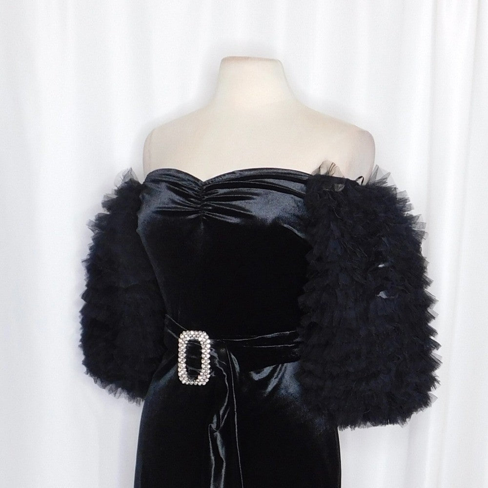 NWT!! ZARA Black Velvet Dress Ruffled Tulle Sleeves Rhinestone Party Cocktail