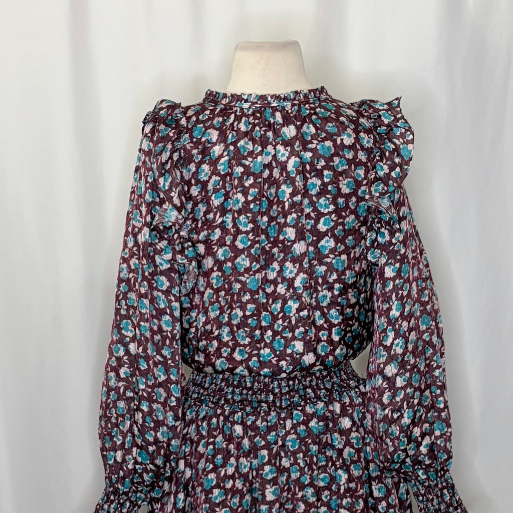 RAMY BROOK Silk Penelope Dress Roco Floral Mini Ruffled Smocked Purple Teal XS