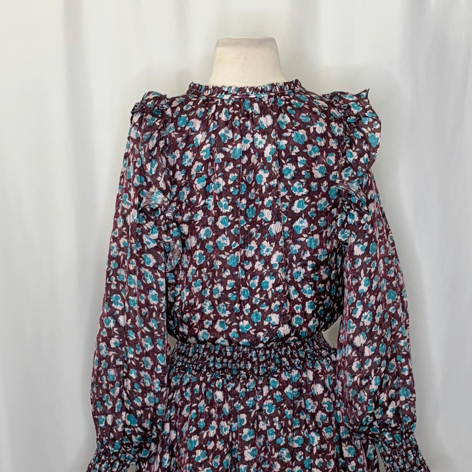 RAMY BROOK Silk Penelope Dress Roco Floral Mini Ruffled Smocked Purple Teal XS
