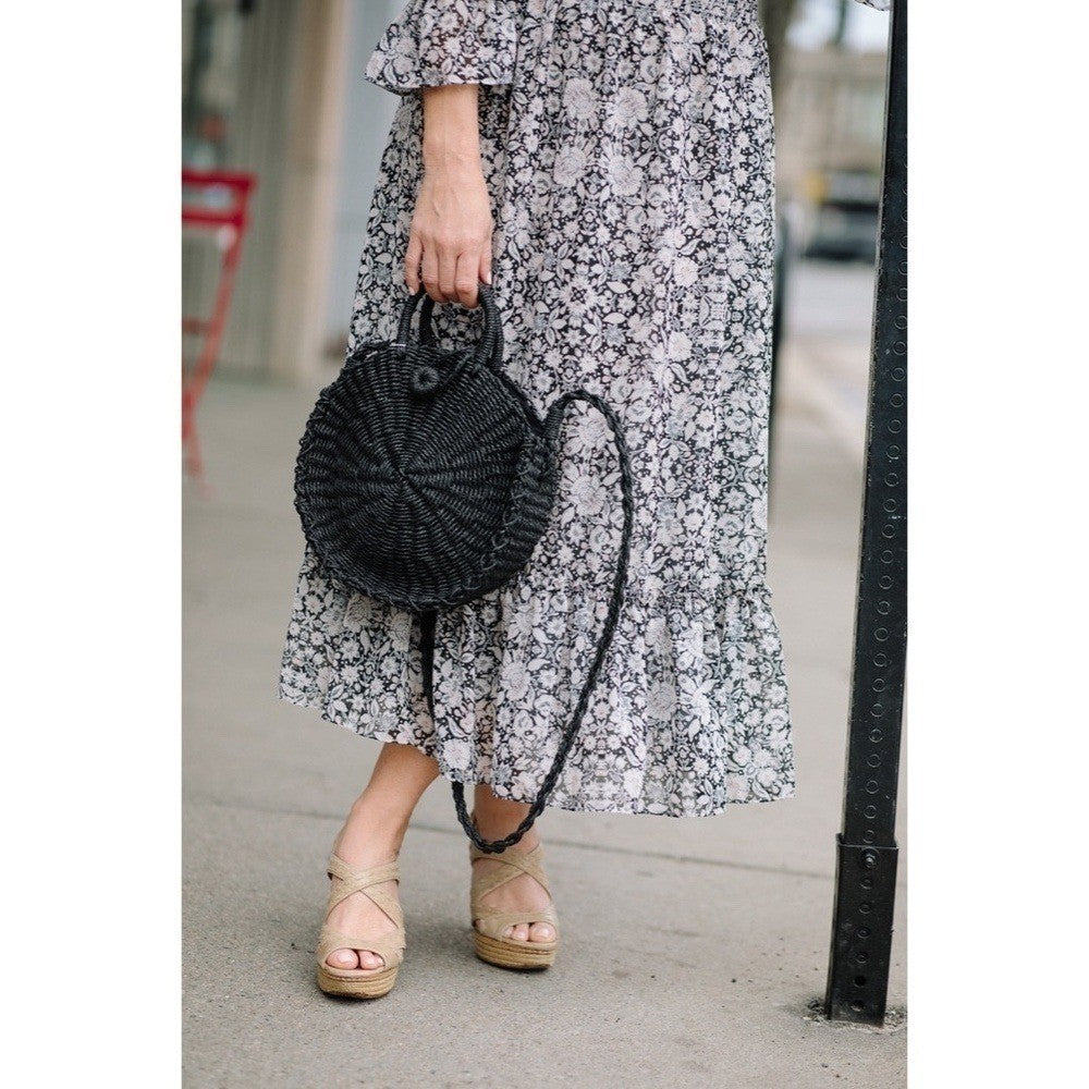MISA Los Angeles Floral Smocked Midi Dress Black Gray Pink Off Shoulder X-Small