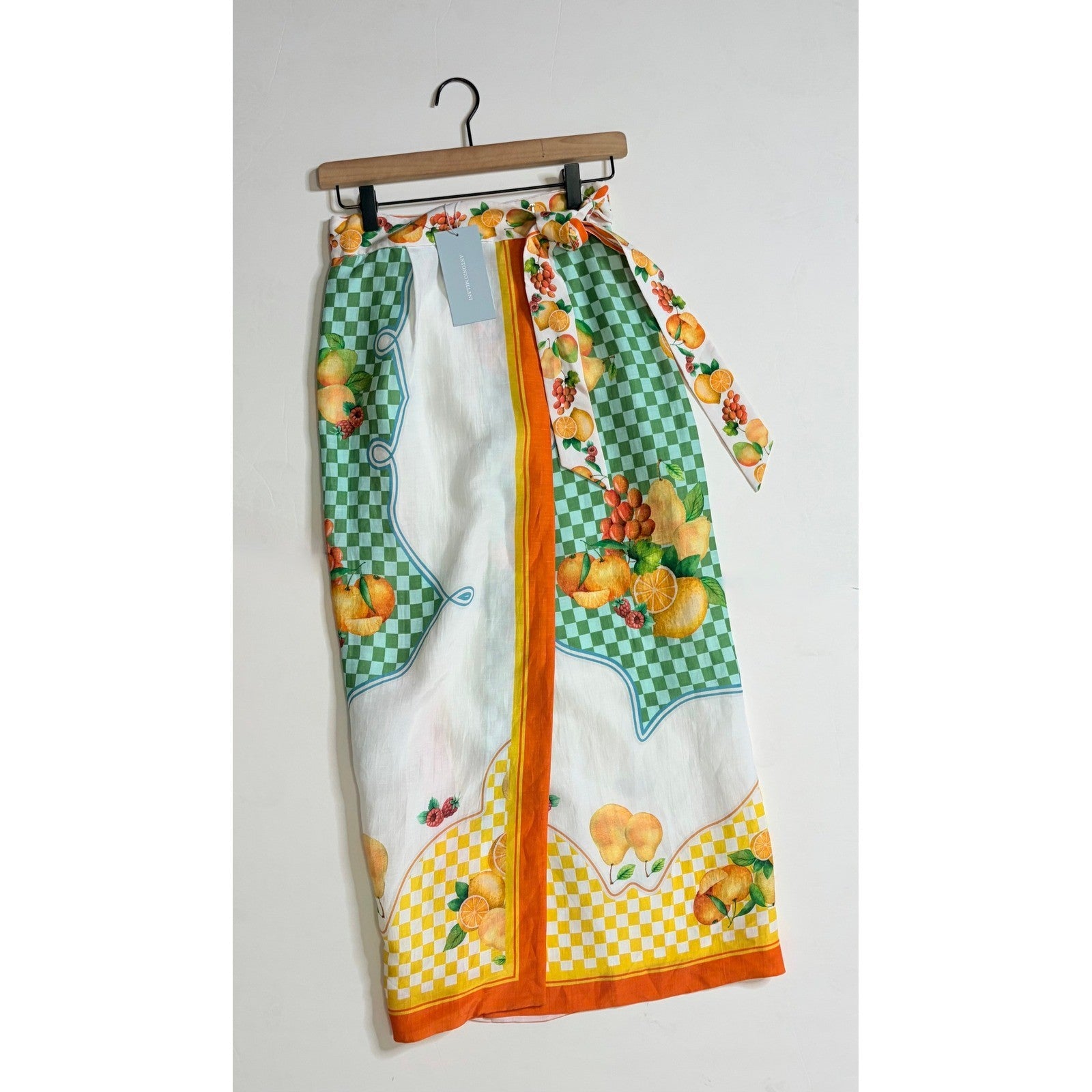 NWT!! ANTONIO MELANI Clio Wrap Skirt Linen Citrus Bliss Midi Fruit Checkered 0