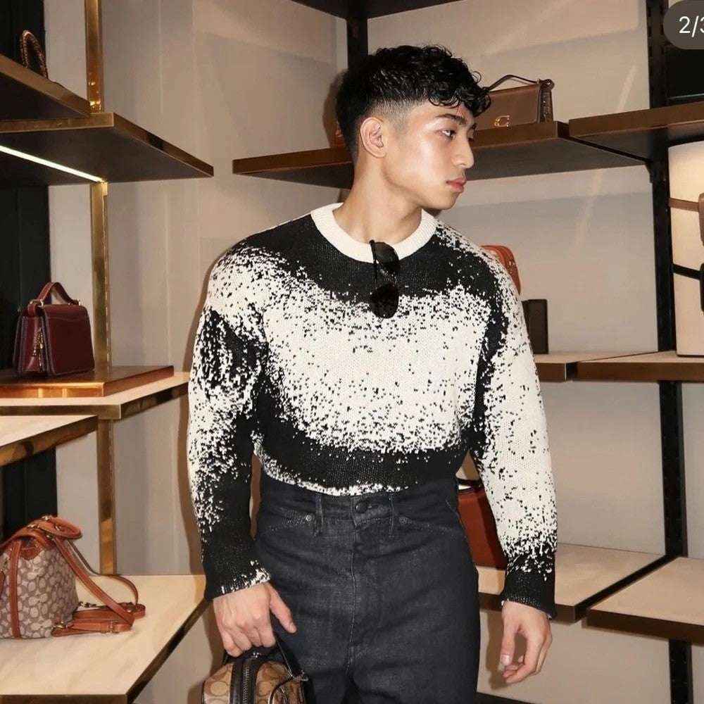 Men's ZARA Pixelated Jacquard Sweater Crewneck Crew Pullover Knit Black Medium