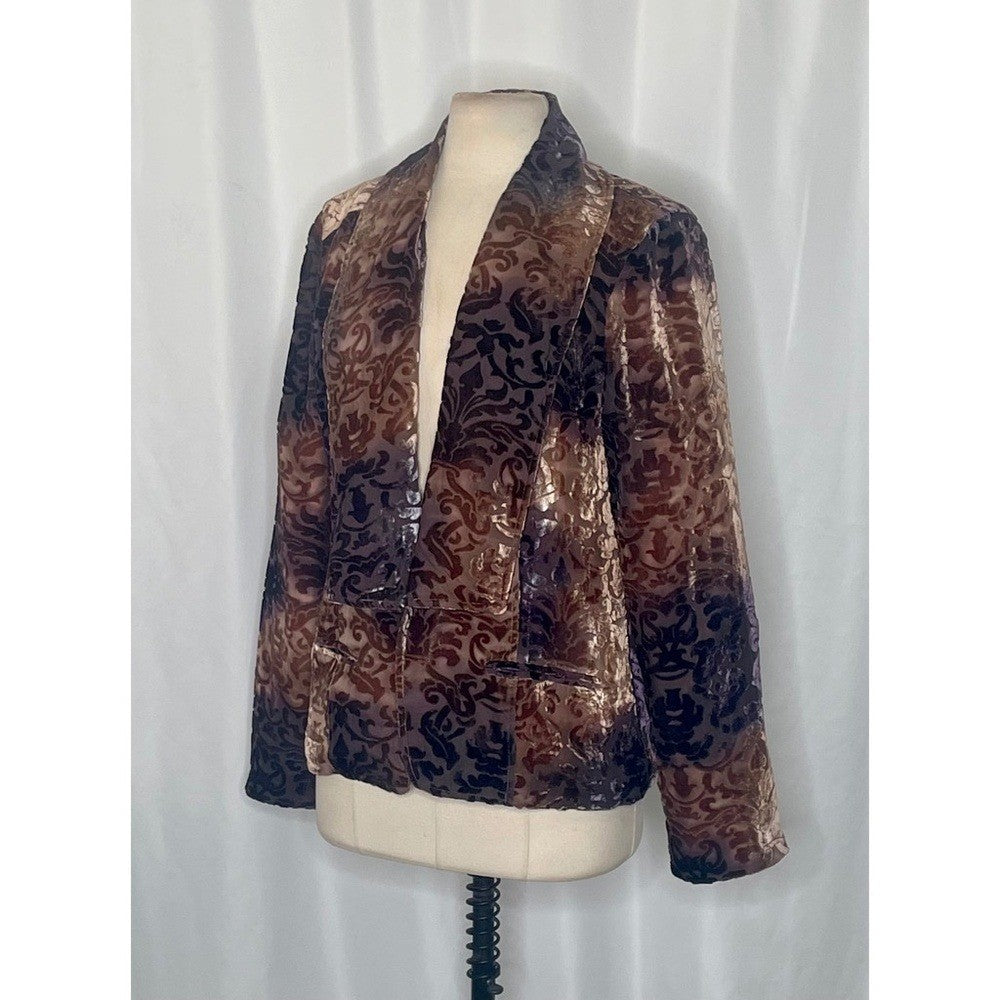 SUNDANCE Firelight Silk Velvet Blazer Jacket Damask Burnout Brown Purple Size 10