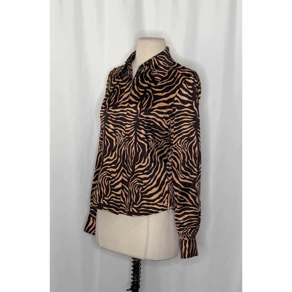 ETCETERA Stretch Silk Buttondown Shirt Blouse Animal Print Brown Tan Size 2