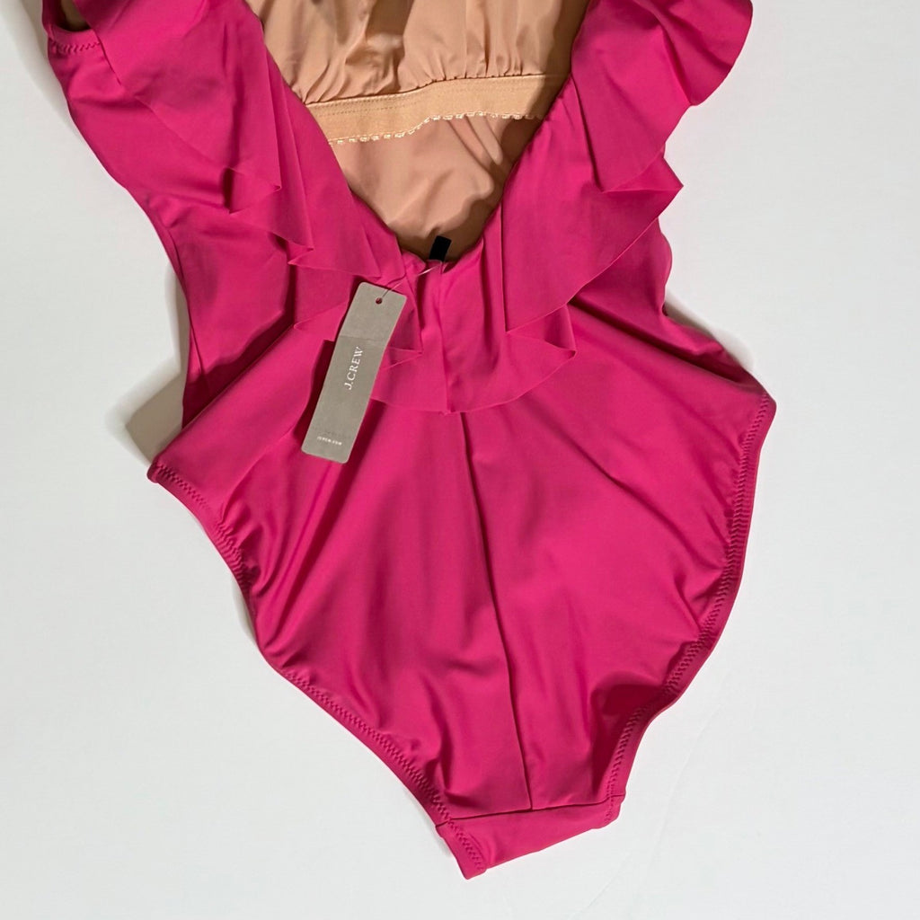NWT!! J. CREW Ruffle Scoopneck One Piece Swimsuit Solid Hot Pink Vacation Size 4