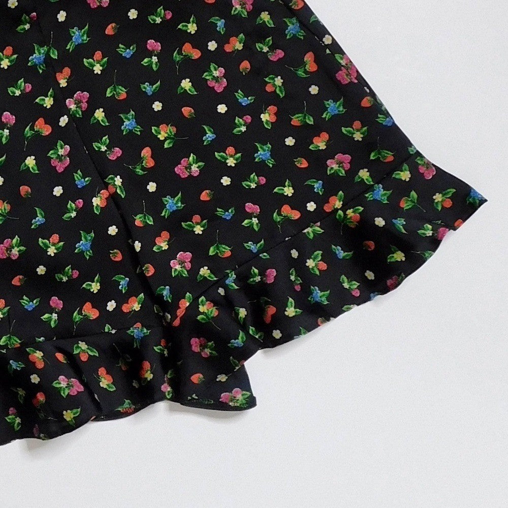 ZARA Black Floral Fruit Berries Ruffled Satin Shorts Skort Satin Summer X-Small
