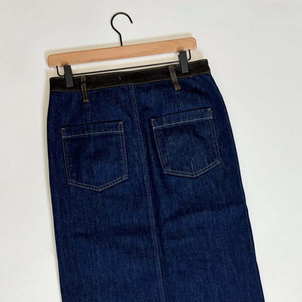 ZARA ZW Collection Denim Midi Skirt Contrast Suede Waistline Blue Pockets Small
